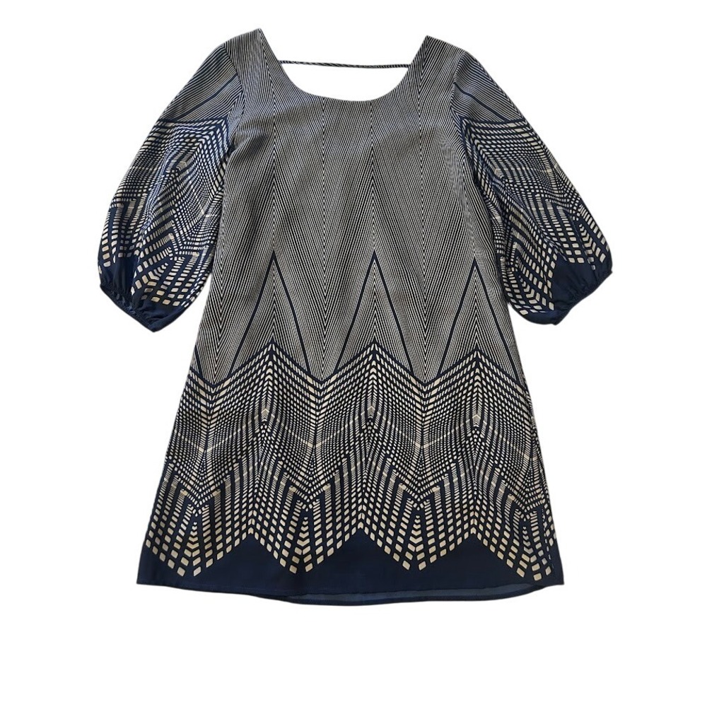 Womens Navy Blue & Beige Geometric Print Dress Small‎ Party Cocktail Event